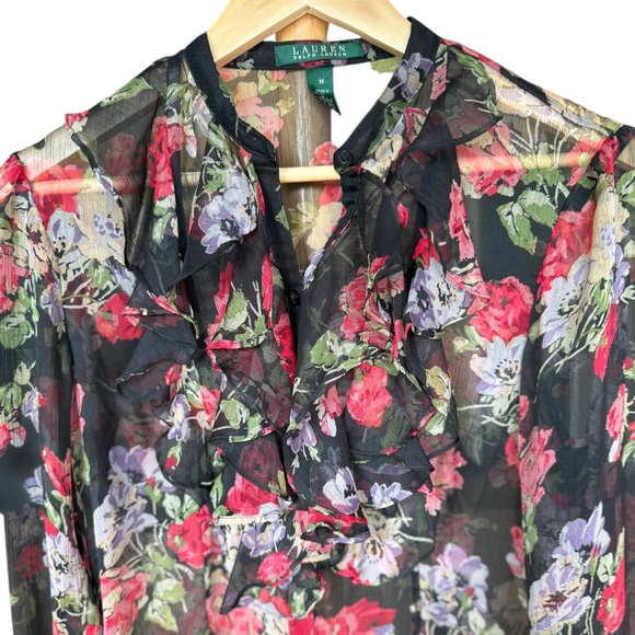 Lauren Ralph Lauren Black Floral Button Front Sheer Blouse Sz M - Picture 3 of 6